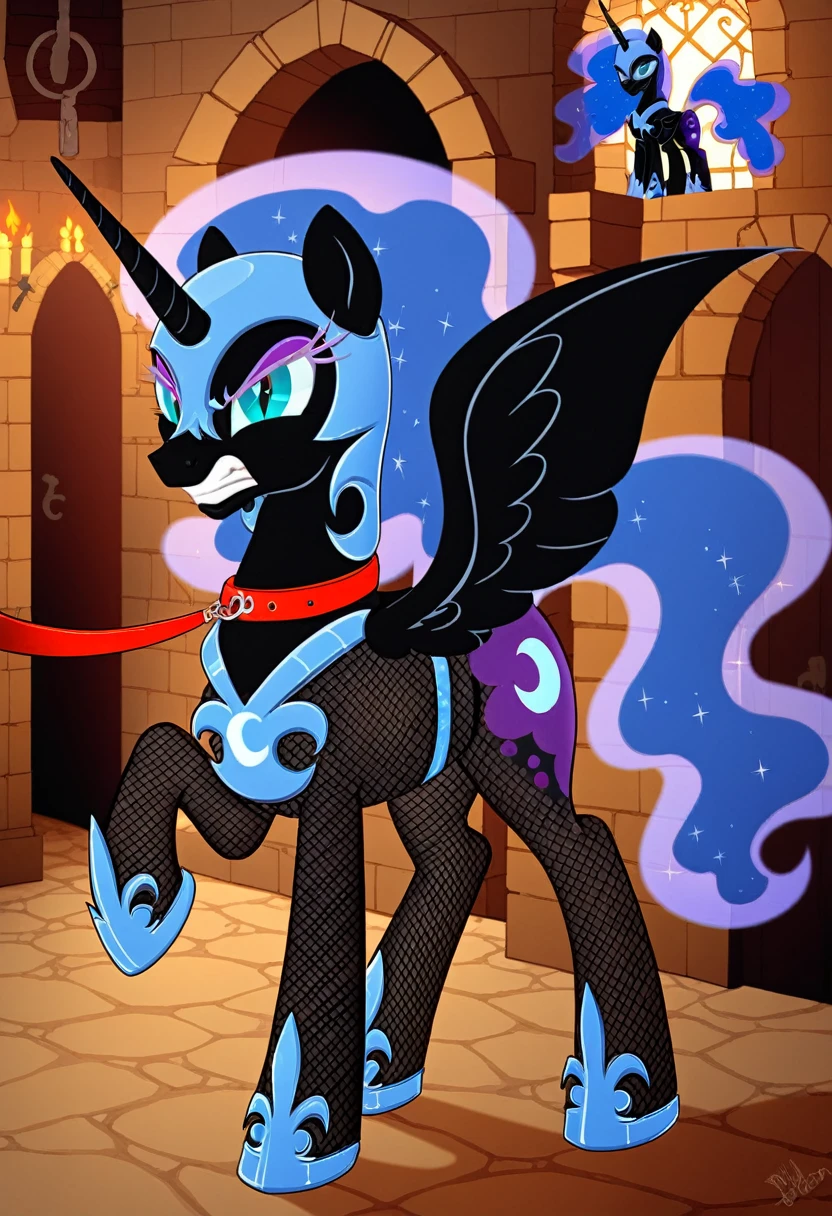 Pony angry nightmare moon in in fishnet tights b locked in a dungeon walks on a leash