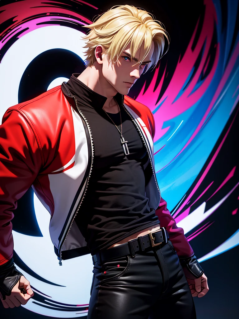 25-year-old man, alone, alone, athletic, muscular, blonde hair, red jacket, black t-shirt, black belt and black pants, black exercise gloves, annoyed look, expelling great blue power, cinematic, ultra-sharp focus, award winning photography, perfect contrast, high sharpness, depth of field, ultra detailed photography, global illumination, fluid, ultra high definition, 8k, Unreal Engine 5, ultra sharp focus, award winning photography, art station trends