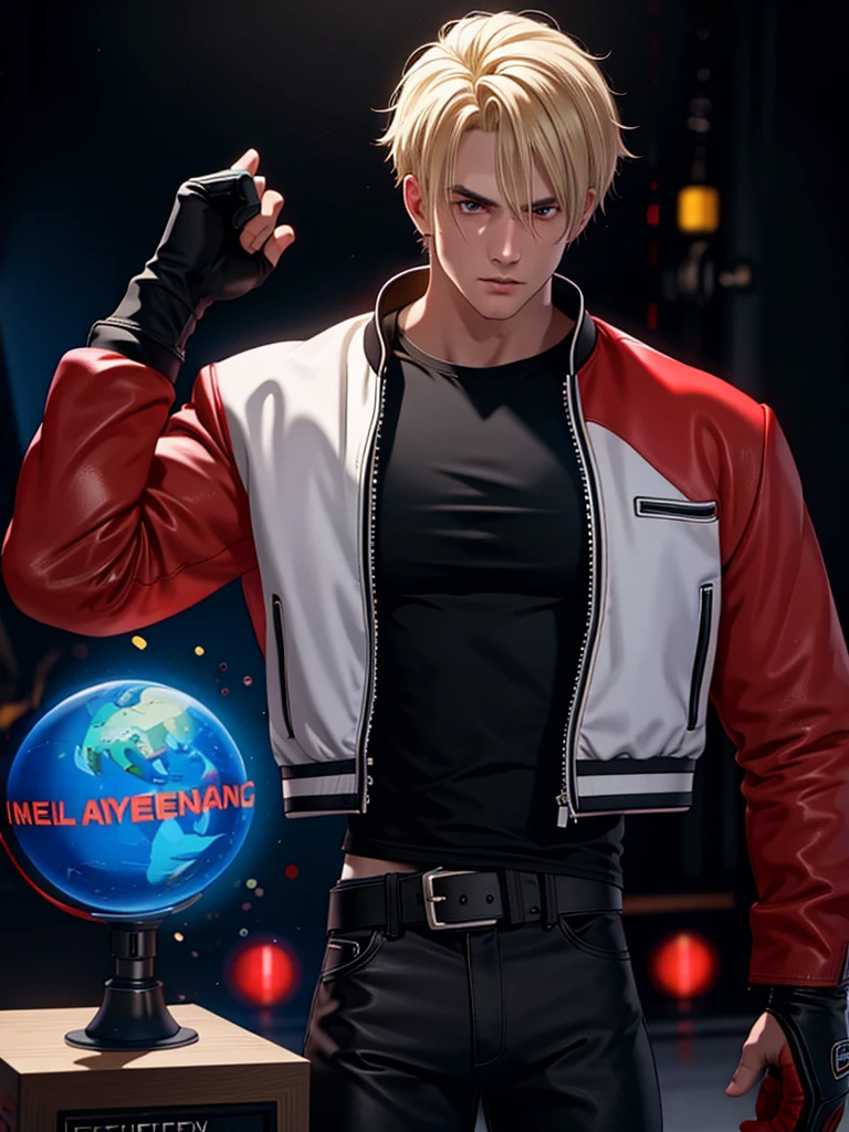 25-year-old man, alone, alone, athletic, muscular, blonde hair, red jacket, black t-shirt, black belt and black pants, black exercise gloves, annoyed look, expelling great blue power, cinematic, ultra-sharp focus, award winning photography, perfect contrast, high sharpness, depth of field, ultra detailed photography, global illumination, fluid, ultra high definition, 8k, Unreal Engine 5, ultra sharp focus, award winning photography, art station trends