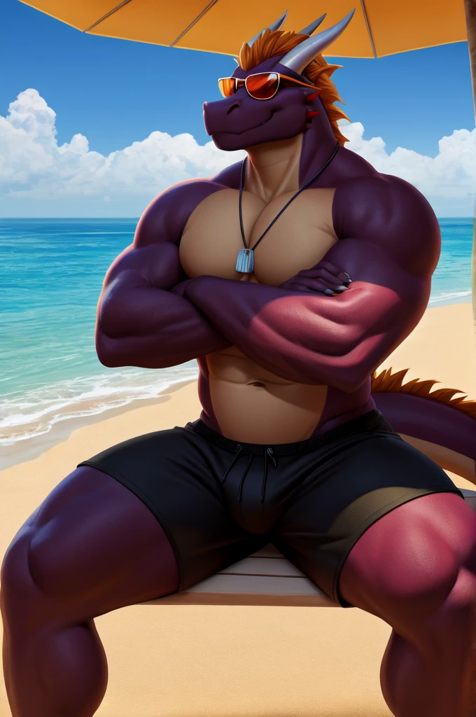 Dragon, male, solo, beach, shirtless , black shorts, sick shades, big body, hot male, arms crossed, 4k, 8k, dog tag
