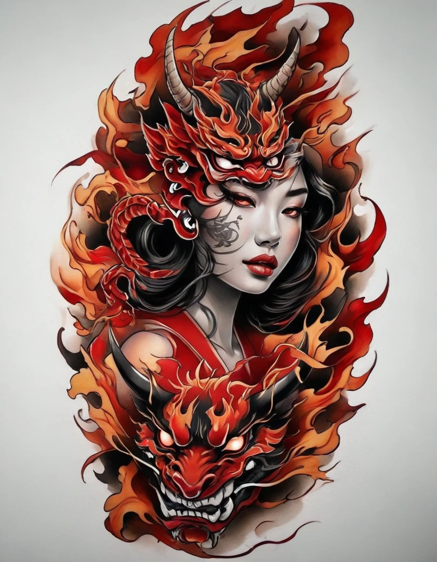 ((solo Japanese girl wearing hannya mask)), Traditional Japanese tattoo design, realistic tattoo art of red hannya mask, The girls wearing a hannya mask, the background is Japanese fire tattoo with with autumn leaves effects, (Unity 16K Wallpaper, masterpiece, Best Quality, high quality, Ultra-detailed, extremely details), ((solo Japanese girl wearing hannya mask)), Traditional Japanese tattoo design, realistic tattoo art of red hannya mask, The girls wearing a hannya mask, the background is Japanese fire tattoo with with autumn leaves effects,