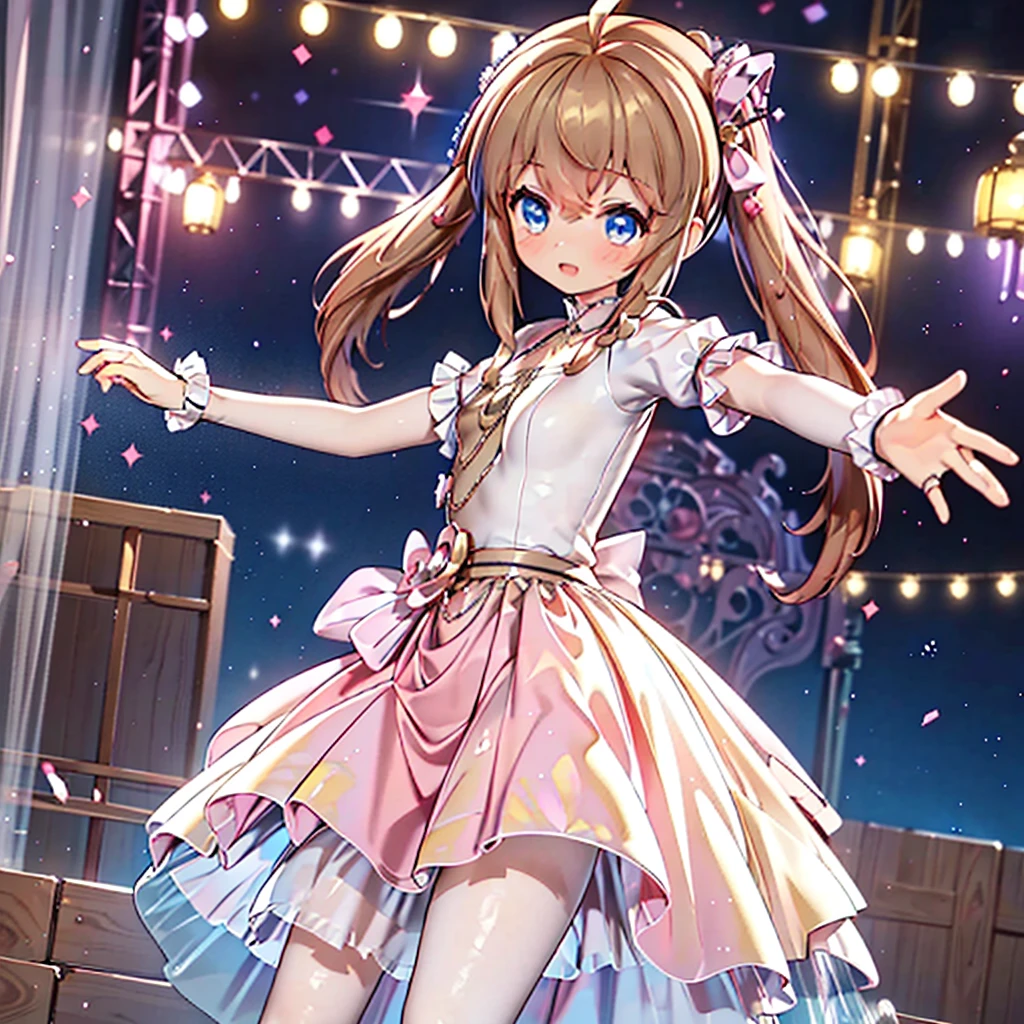 Solo, 1 girl, comical, kawaii, Blue eyes, light brown hair, long twintails, (princess dress), ((yellow princess dress 1.5)), open mouth smile, from back, mid shot, dance at the stage, neon and led lights, posing, sexy, high-resolution image, masterpiece, high quality, attractive eyes
