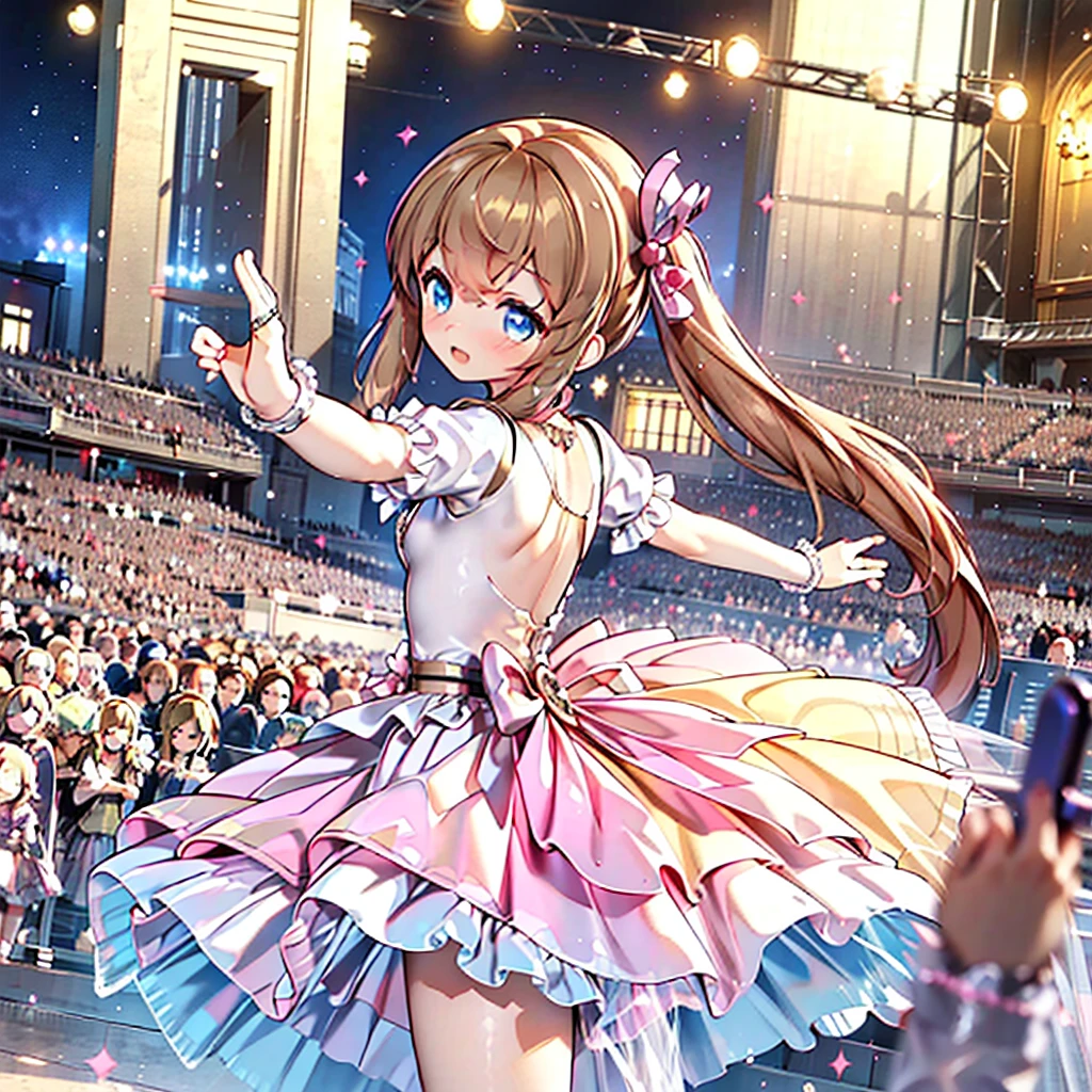 Solo, 1 girl, comical, kawaii, Blue eyes, light brown hair, long twintails, (princess dress), ((yellow princess dress 1.5)), open mouth smile, from back, mid shot, dance at the stage, neon and led lights, posing, sexy, high-resolution image, masterpiece, high quality, attractive eyes
