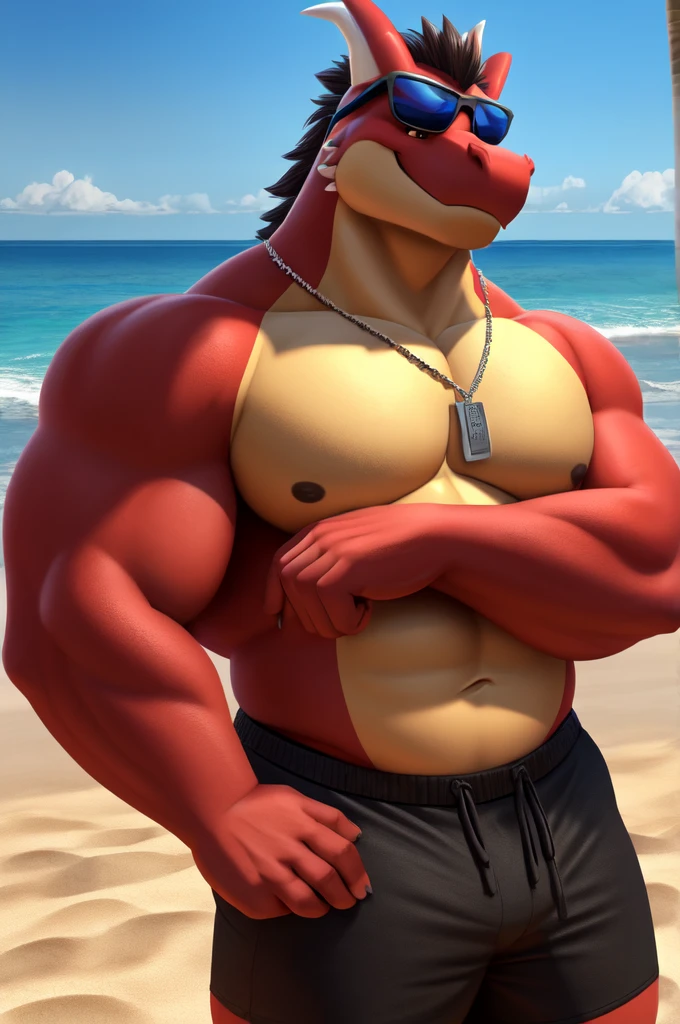 Dragon, male, solo, beach, shirtless , black shorts, sick shades, big body, hot male, arms crossed, 4k, 8k, dog tag