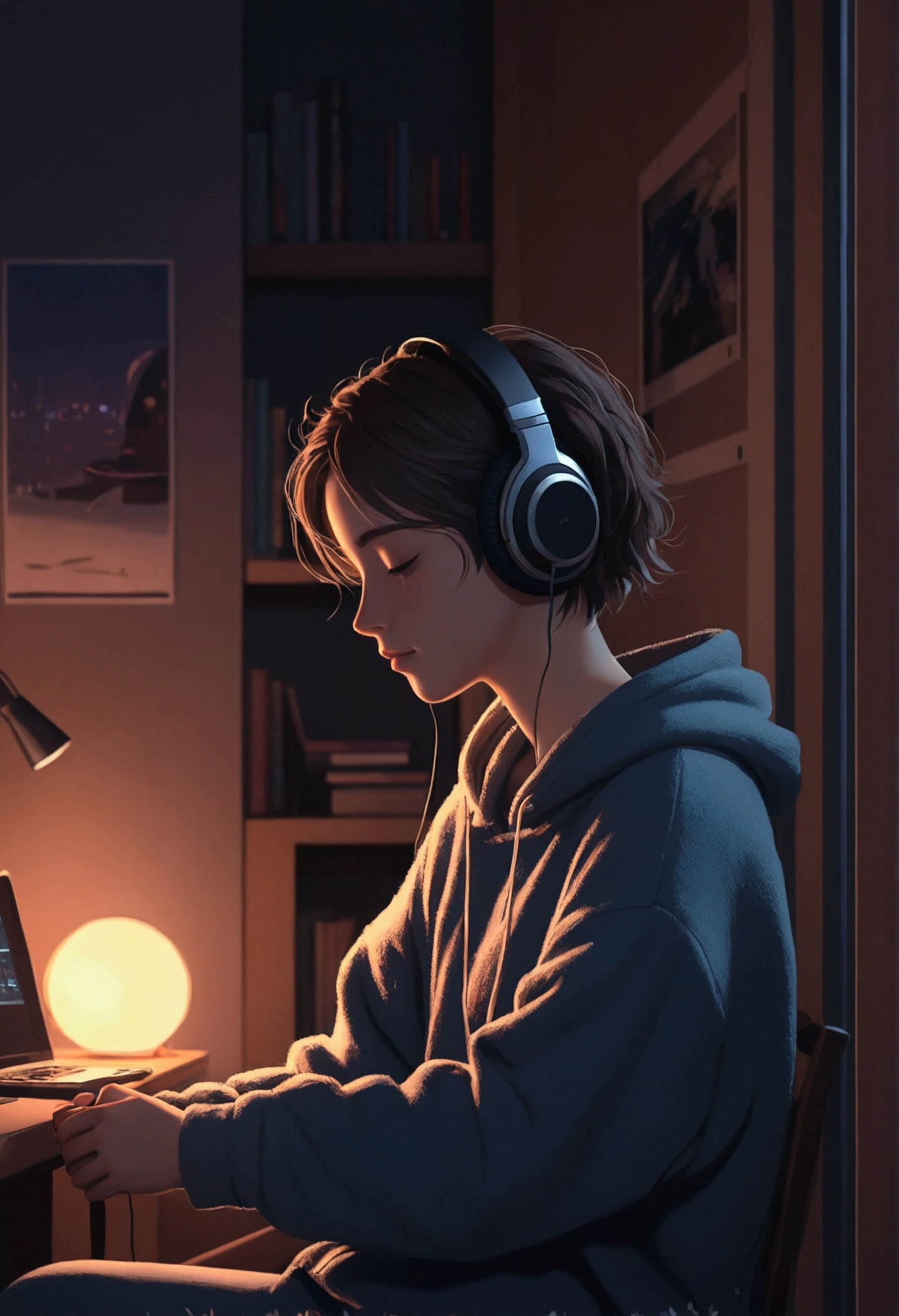 Perfect image, 8k, night、Girl listening to music in a cozy room, Using headphones, 2D-style animation, Lo-Fi, hard disk, Dark Environment, Hugging your boyfriend,