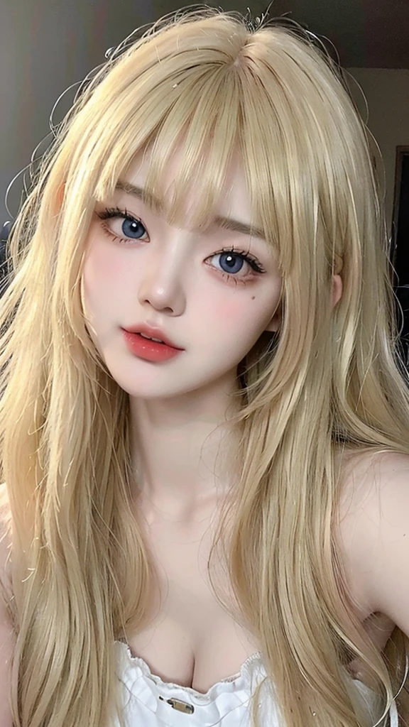 (((ultra realistic))) Photo, masterpiece, top quality, (pale skin), (Ultra detailed face and eyes:1.3), 1 girl, full body, ((full detailed pouty lips)), ((blonde wavy hair)), (Natural breasts), Slim waist. ((Posing)), photoshoot, studio (soft lighting), (The play of light and shadows), (special attention to skin detail: 1.2), ((blunt bangs 1.2)), ((very long blonde hair)), ((big cat upturned eyes)), ((Korean Girl)), ((heart shaped face)), ((short chin)), ((v-shaped jawline)), wearing a white dress, ((pale white almost traslucent skin))