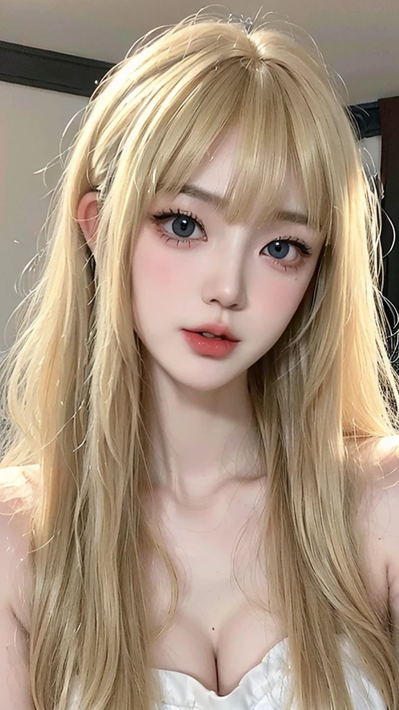 (((ultra realistic))) Photo, masterpiece, top quality, (pale skin), (Ultra detailed face and eyes:1.3), 1 girl, full body, ((full detailed pouty lips)), ((blonde wavy hair)), (Natural breasts), Slim waist. ((Posing)), photoshoot, studio (soft lighting), (The play of light and shadows), (special attention to skin detail: 1.2), ((blunt bangs 1.2)), ((very long blonde hair)), ((big cat upturned eyes)), ((Korean Girl)), ((heart shaped face)), ((short chin)), ((v-shaped jawline)), wearing a white dress, ((pale white almost traslucent skin))