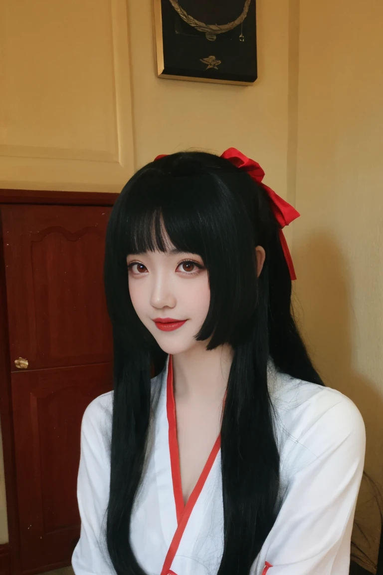best quality, tmasterpiece,Ultra-high resolution,Clear face,(Reality:1.4),ferpect lighting,(upper body), (photorealistic:1.50), anime wallpaper, Guviz style artwork, cover-up fantasy up to magic , by Yang J, Guviz, beautiful artwork illustration, beautiful digital artwork, beautiful digital illustration, Li Song, beautiful anime portrait, art style in Beauvot, 1girl, 独奏, long hair, (twintails:1.5), hair ribbon, (black hair:1.5), bangs, (purple eyes), double eyelids, blush, Red cheeks, Sleeveless, white dress, (Hanfu), (Chinese dress), (medium breast:1.5), shagging breasts, Cleavage, indoor, room, standing, From above, (looking at viwer), smile,