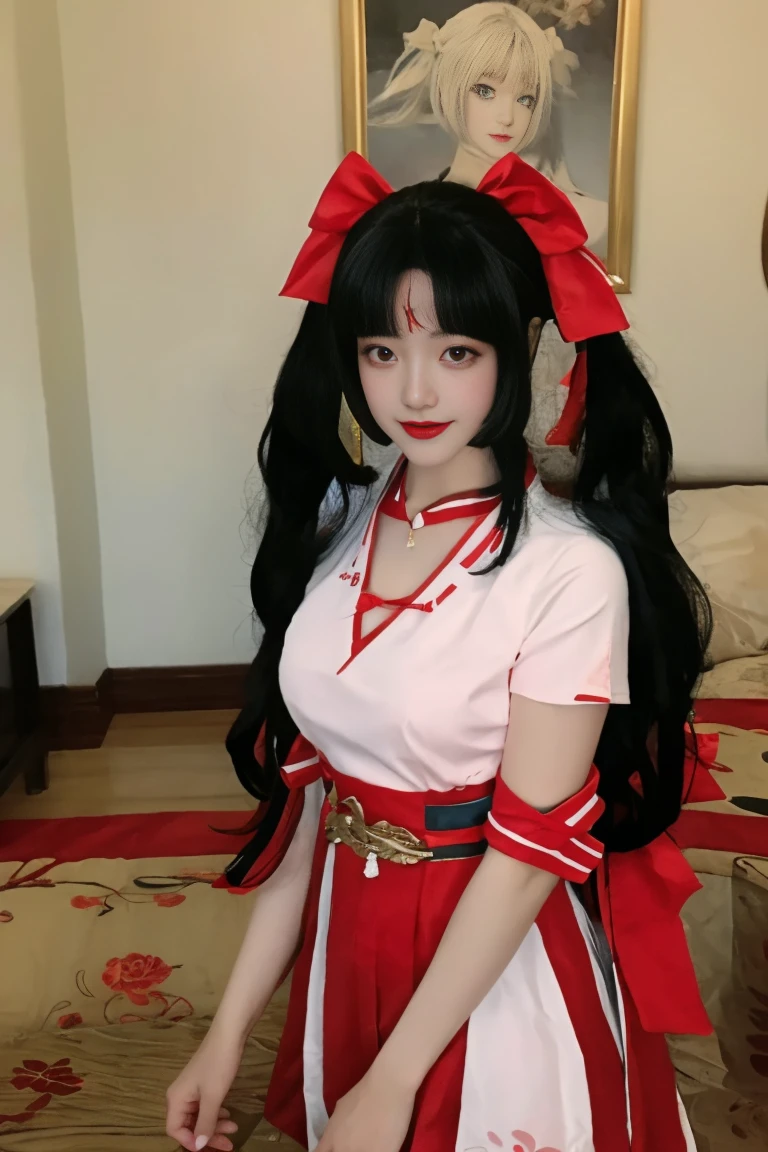 best quality, tmasterpiece,Ultra-high resolution,Clear face,(Reality:1.4),ferpect lighting,(upper body), (photorealistic:1.50), anime wallpaper, Guviz style artwork, cover-up fantasy up to magic , by Yang J, Guviz, beautiful artwork illustration, beautiful digital artwork, beautiful digital illustration, Li Song, beautiful anime portrait, art style in Beauvot, 1girl, 独奏, long hair, (twintails:1.5), hair ribbon, (black hair:1.5), bangs, (purple eyes), double eyelids, blush, Red cheeks, Sleeveless, white dress, (Hanfu), (Chinese dress), (medium breast:1.5), shagging breasts, Cleavage, indoor, room, standing, From above, (looking at viwer), smile,