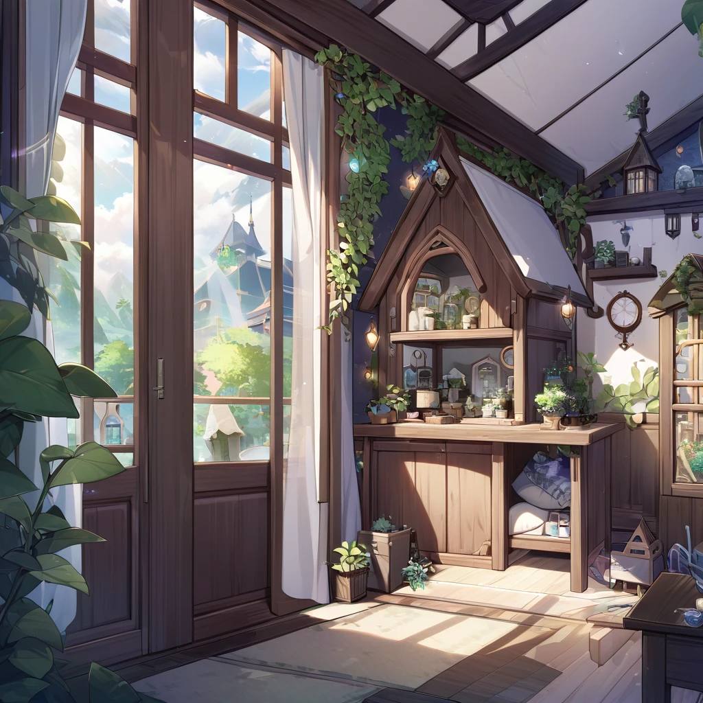 Gacha background, background inside the house, mystical house, greenery,hotel, gloomy but comfortable atmosphere