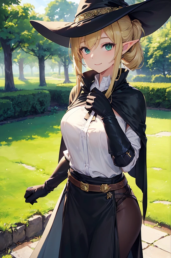 (((masterpiece; best quality: 1.2))), (finely detailed eyes: 1.3), (25 year old elf woman), (solo), (green eyes: 1.4), (body; big breasts, fit, femenine: 1.3), (silky blonde hair in low ponytail: 1.3), (beautiful and clear background: 1.2), ((depth of field)), (equipment: adventurer garb + modest + elegant witch hat + dark blouse + dark cape + black long skirt + gloves + belt + pouches: 1.3), (anime illustration: 1.2), (background composition; royal garden: 1.1), (extremely fine and beautiful: 1.1), (shot composition; standing + centered on torso + close-up: 1.5), (expression; calm, smile: 1.2)