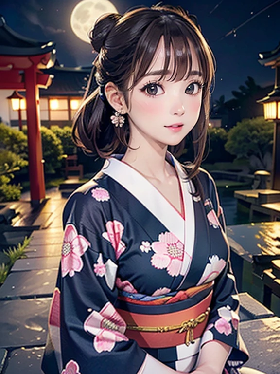 (Highest quality、 8k wallpaper、masterpiece、High resolution)、Vibrant colors、Ample breasts、Brown and black Japanese round topknot、Brown-black bob、Beautiful girl in yukata、Vivid floral pattern、whole body、(Highly detailed face and eyes、Beautiful Face、Beautiful Eyes、Beautiful nose、Pretty lips)、A friendly gaze、above the knee shot、Highly detailed background、Japanese garden、moonlight、Full moon and starry sky、Official Art、
