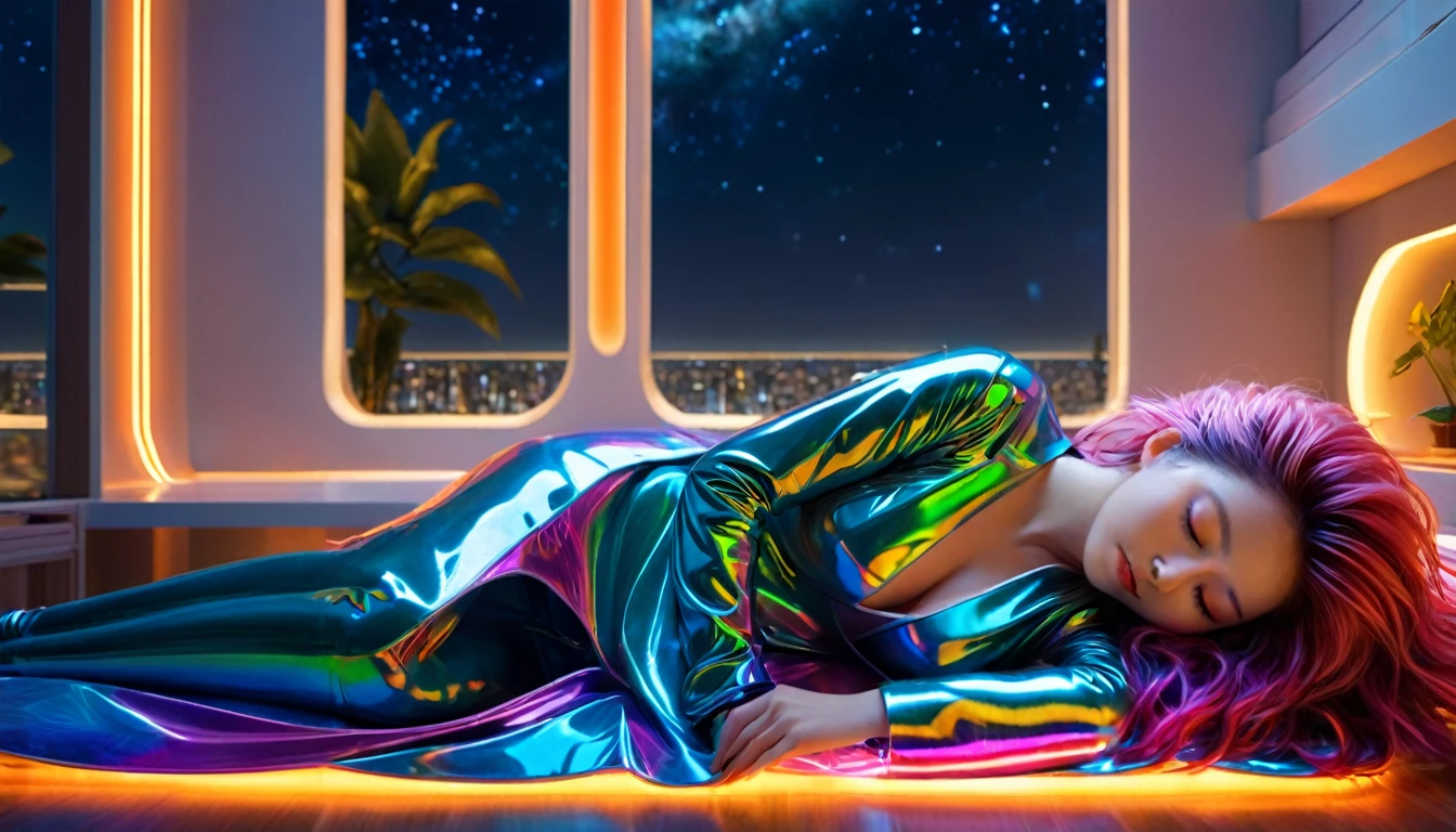 (best quality,8k,ultra-detailed:1.2),(CG,CG art,3D rendering),(masterpiece:1.2),（Crawling on the table），（Sexy clothing），(movie lighting,futuristic),(woman lying in bed,sleeping,closed eyes),(large window behind her,tranquil night),(colorful hair:1.5)
