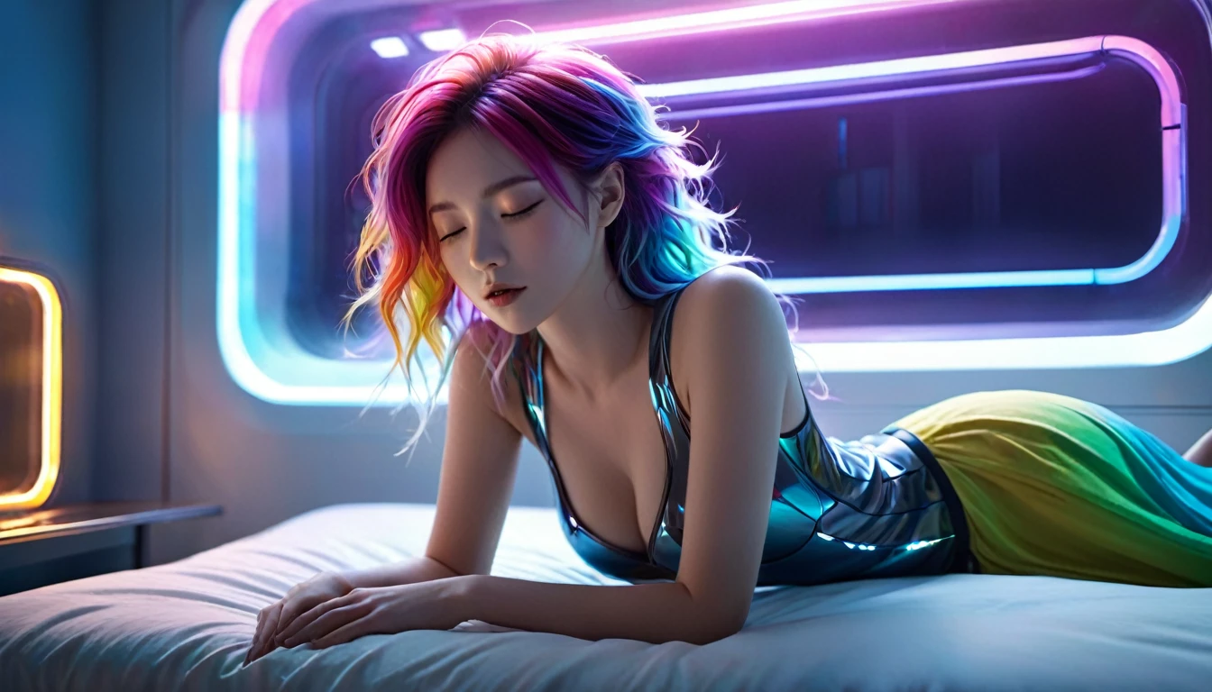 (best quality,8k,ultra-detailed:1.2),(CG,CG art,3D rendering),(masterpiece:1.2),(Crawling on the table),(Sexy clothing),(movie lighting,futuristic),(woman lying in bed,sleeping,closed eyes),(large window behind her,tranquil night),(colorful hair:1.5)