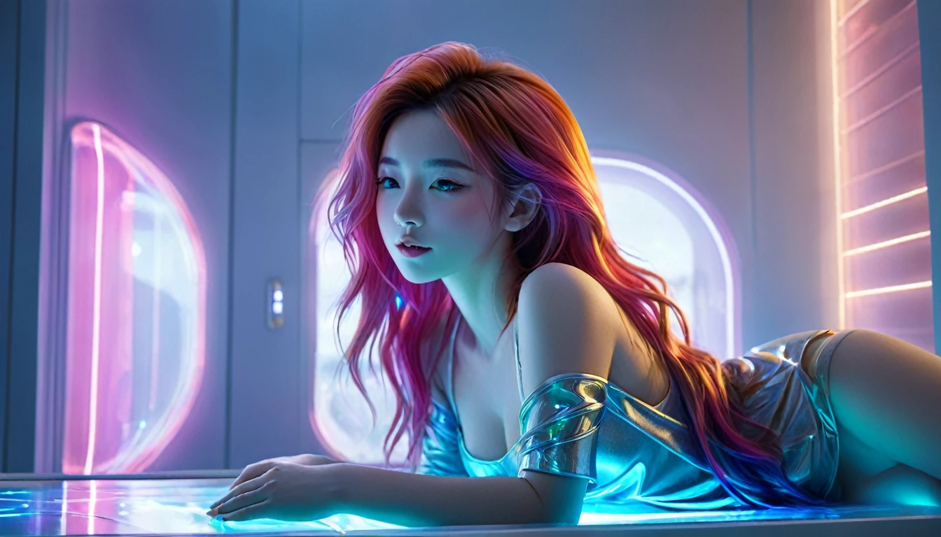 (best quality,8k,ultra-detailed:1.2),(CG,CG art,3D rendering),(masterpiece:1.2),（Crawling on the table），（Sexy clothing），(movie lighting,futuristic),(woman lying in bed,sleeping,closed eyes),(large window behind her,tranquil night),(colorful hair:1.5)
