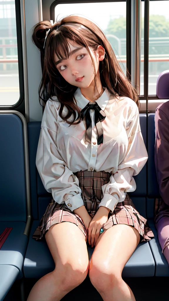 20-year-old women,,Clear images、Real women 、Brown Hair, Medium Hair〜Half-up、She is sleeping soundly with her mouth open.., Slim figure ,Breasts are a little bigger than normal , Head to toe full body shot, Shiny white high heels、 Blouse with ribbon on the chest、Checkered mini skirt, Sit comfortably in the back of the bus, 、私 threw my head back and fell into a deep sleep..,Arms hanging down. I'm exhausted on the way home after work..Sleeping like the dead.My knees are open, Both feet are on the floor, sleeping face, close your eyes, Mouth wide open and drool、Tilt your head back and look up, I can rest my head on the seat and sleep soundly..., Anatomically correct,Composition looking up from the front