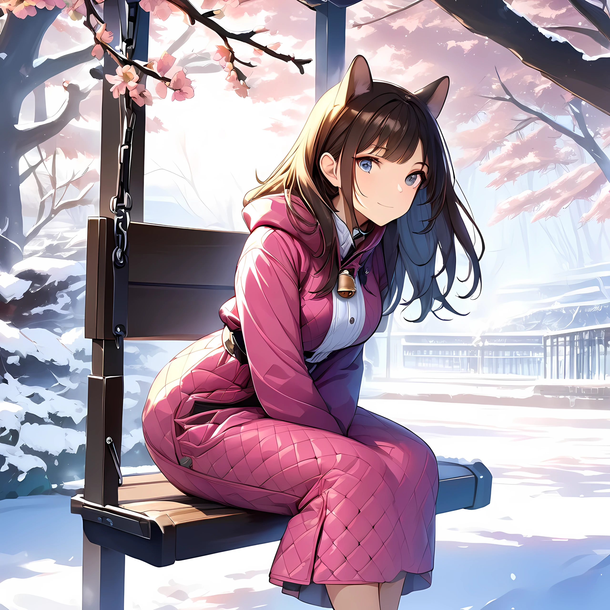 1 girl, human, (full body), ((Masterpiece, high quality, HD, High Details)), Bell Shape breasts (Narrower at the top and fuller at the bottom, resembling a bell), background: winter, outside, Sitting on a swing at distance, looking at viewer, slightly smile, Eyes: Almond-shaped, dark brown, Nose: Small and slightly upturned, Lips: Full, rosy pink, Hair: Long, wavy, black, Skin Tone: Fair with a pink undertone, Eyebrows: Thick and gently arched, Cheekbones: High and defined, Chin: Rounded, Ears: Small and close to the head((no animal ears)), Expression: Serene and thoughtful, wearing (Quilted puffer dress).