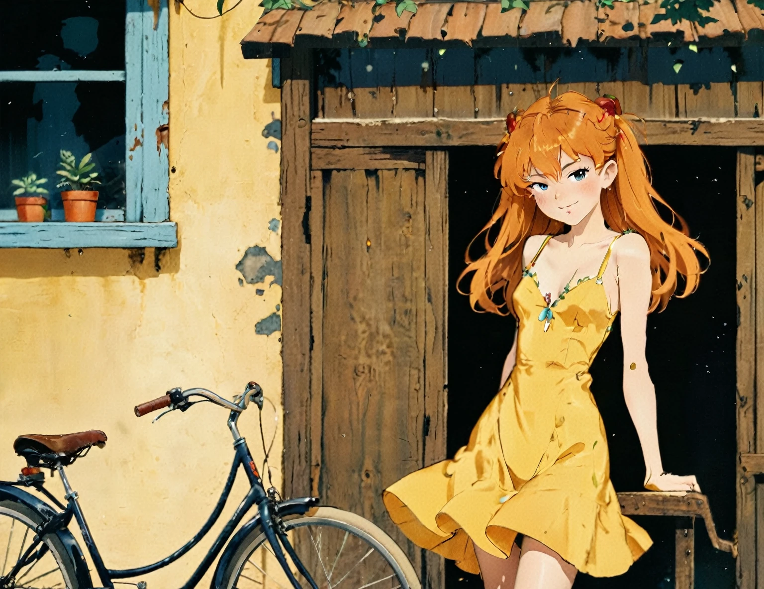 woman in yellow dress standing next to a bicycle in front of a building, photoshoot, photo studio, RAW photo, editorial photograph, film stock photograph, cinematic, posing, amateur photo, full body portrait, analog, raw, f2, 35mm, an (amateur photo), flash photography, taken on an old camera, polaroid, 8k, highly detailed, (high quality, best quality:1.3), Extremely high-resolution, film grain, very long hair, picture of a beautiful young woman, NOT dasha_taran, sfw, ((natural orange hair)), hair ornaments, ((macro lens)), natural, blue eyes, solid pupils, realistic eyes in maximum detail, feminine expressions, photography, dslr, 35mm, Fujifilm Superia Premium 400, Nikon D850 film stock photograph, Kodak Portra 400 f1.6 lens, 8k, UHD, realistic skin, well cared skin, skin pores, closed mouth, fine small lips, facial symmetry, perfectly detailed face,