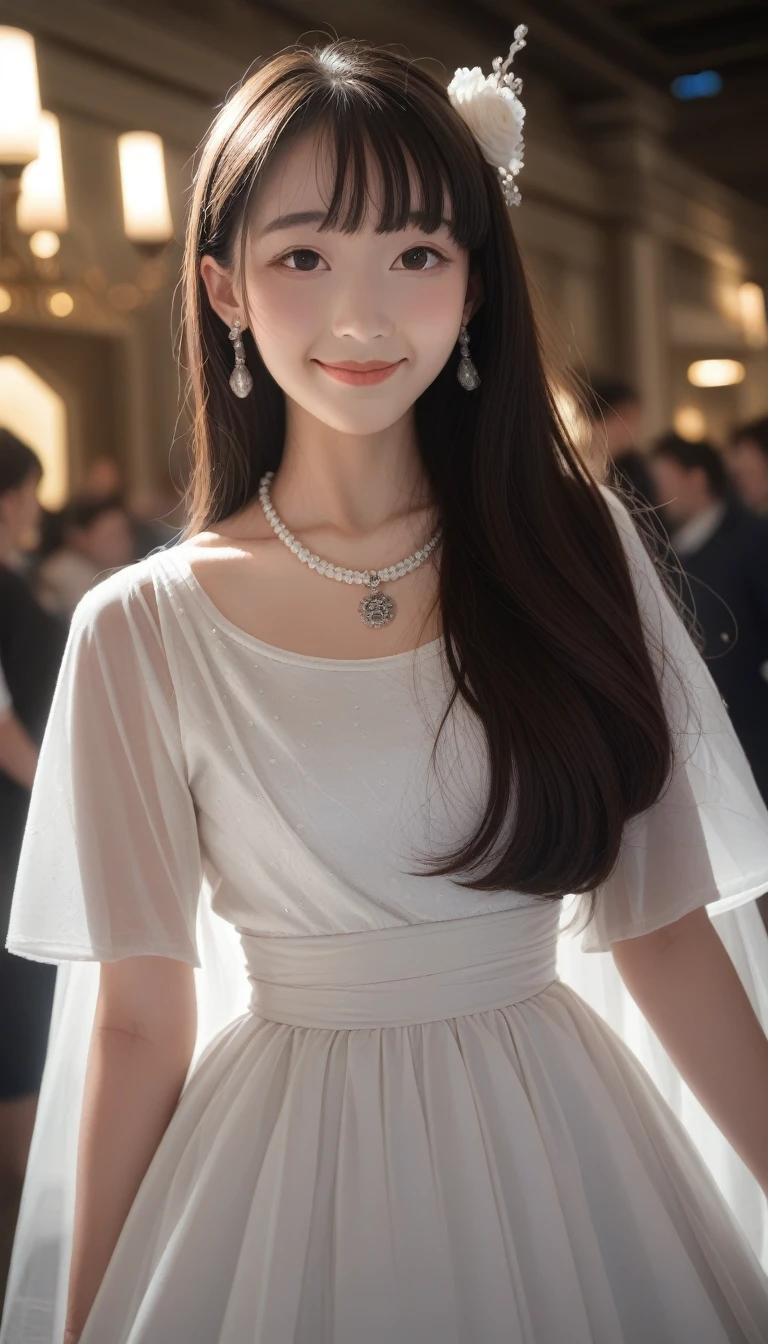 score_9_up, score_8_up, score_7_up, score_6_up,best quality, masterpiece, high resolution, 1 Girl, clear silk porcelain skirt, Pretty Face, Hair accessories, Looking at the audience, Smile, shut your mouth, Lips, skirt, Hair accessories, necklace, Jewelry, Long hair, earrings, Pretty Face, Physically, Tyndall Effect, realism, Dark Studio, Edge lighting, Two-color lighting, (High Detail Skin: 1.2), 8K UHD, Digital SLR Camera, Soft Light, high quality, Volumetric Lighting, photo, high resolution 4K, 8K, Blurred background