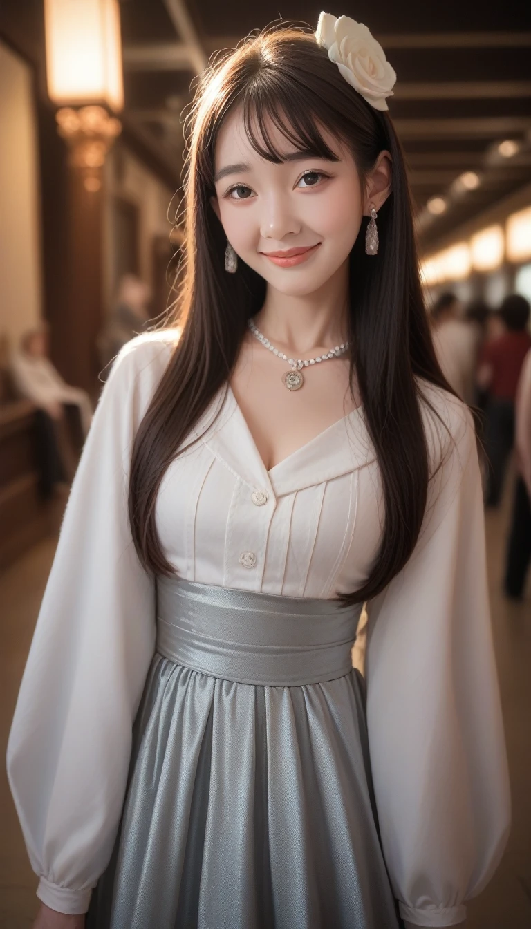 score_9_up, score_8_up, score_7_up, score_6_up,best quality, masterpiece, high resolution, 1 Girl, clear silk porcelain skirt, Pretty Face, Hair accessories, Looking at the audience, Smile, shut your mouth, Lips, skirt, Hair accessories, necklace, Jewelry, Long hair, earrings, Pretty Face, Physically, Tyndall Effect, realism, Dark Studio, Edge lighting, Two-color lighting, (High Detail Skin: 1.2), 8K UHD, Digital SLR Camera, Soft Light, high quality, Volumetric Lighting, photo, high resolution 4K, 8K, Blurred background