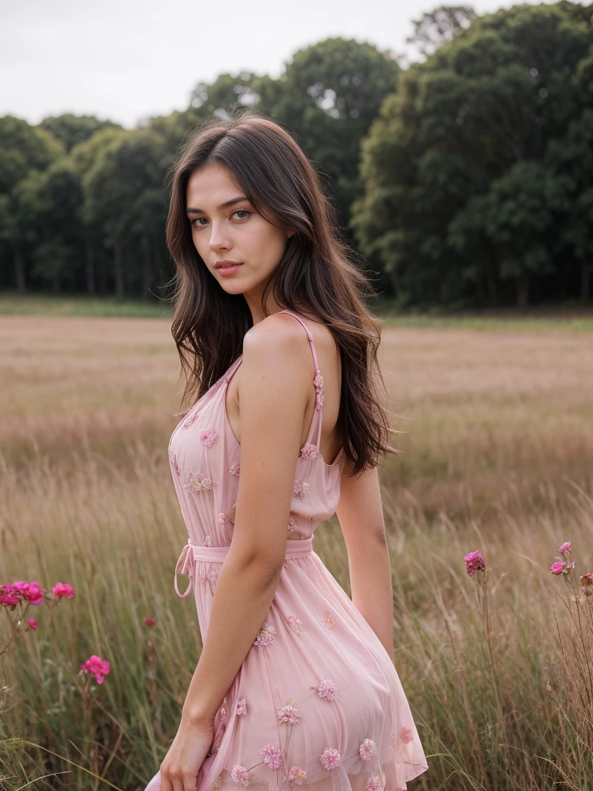 Sexy tall dark hair brunette, slightly wavy hair, 175cm tall, perfect body, ((best quality)), ((masterpiece)), (detailed), pink eyes, colorful dress, beautiful, young woman, barefoot, field, flowers, viki odintcova, raw photo, realistic UHD, 8k, realistic skin shadows, realistic skin texture, sexy and erotic