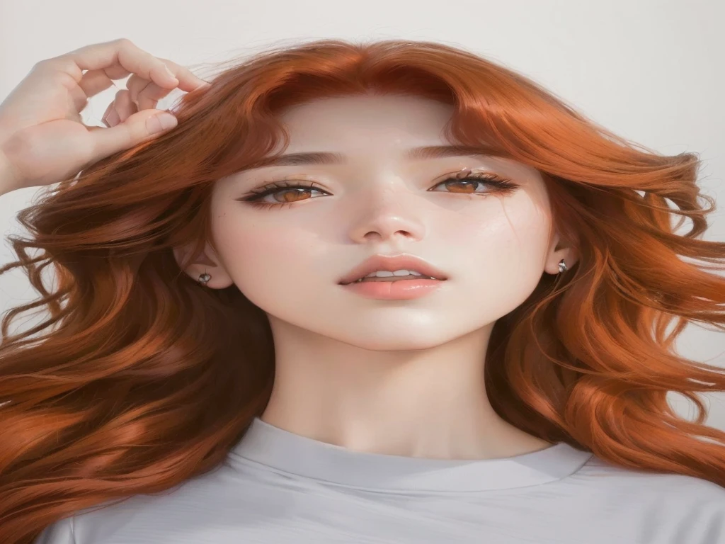 a close up of a woman with long red hair and a gray shirt, portrait jisoo blackpink, sun yunjoo, hair coloring, ginger wavy hair, jisoo of blackpink, jossi of blackpink, jinyoung shin, portrait of jossi of blackpink, park ji-min, jimin\'s plump lips, beautiful south korean woman, portrait of kpop idol, coral brown hair