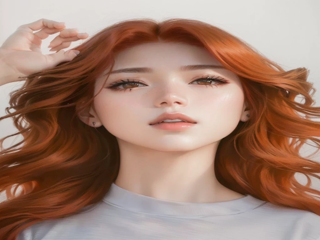 a close up of a woman with long red hair and a gray shirt, portrait jisoo blackpink, sun yunjoo, hair coloring, ginger wavy hair, jisoo of blackpink, jossi of blackpink, jinyoung shin, portrait of jossi of blackpink, park ji-min, jimin\'s plump lips, beautiful south korean woman, portrait of kpop idol, coral brown hair