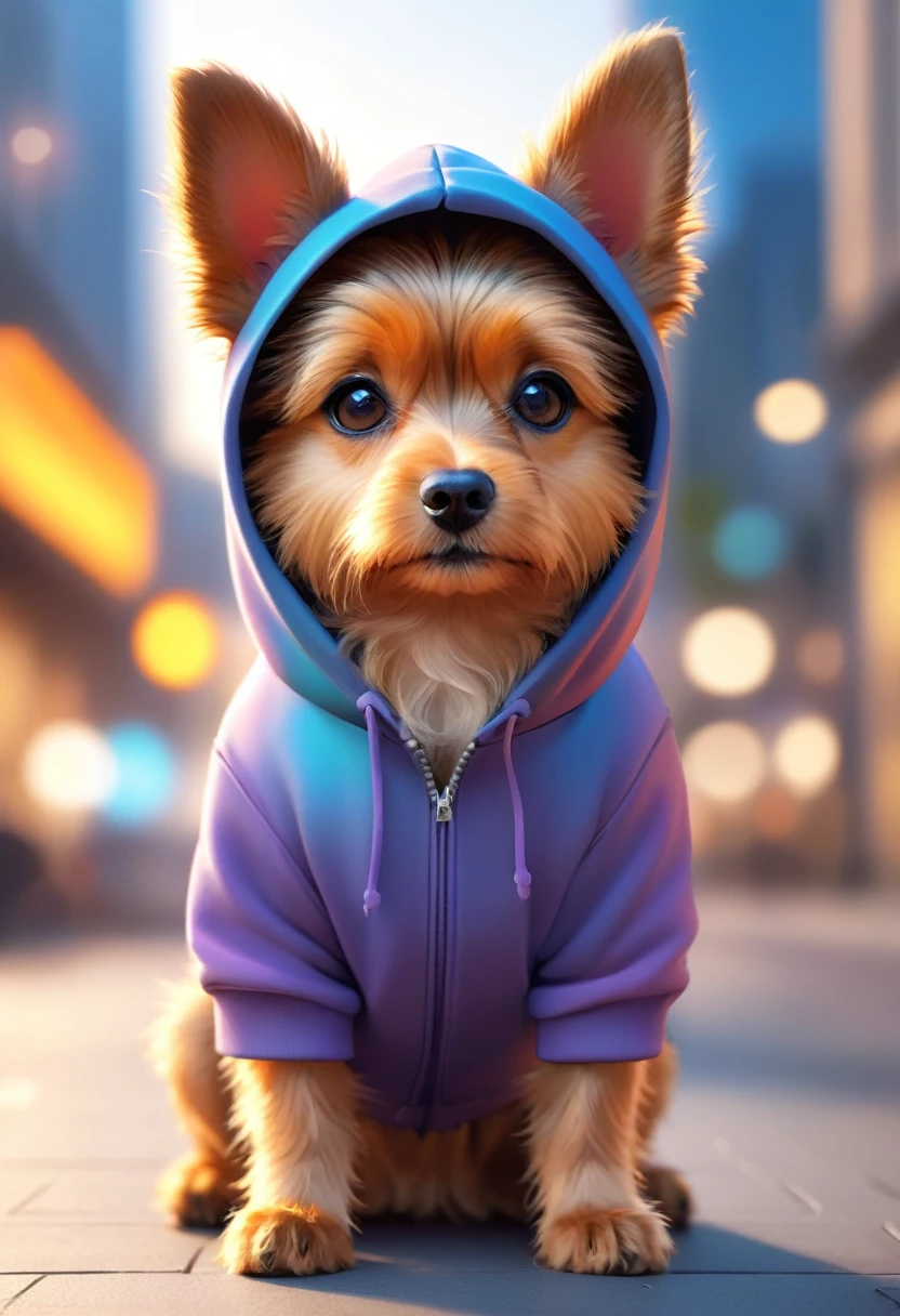 Cute dog,Hairy,Wearing a hoodie, blurred city background, 3D Rendering, Bright light, Vibrant colors,