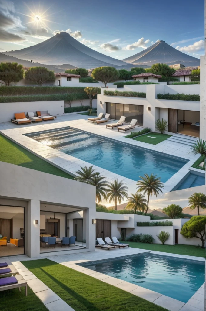 Multiple houses, brutalism style, Luis Barragán, Mountains in background, river, pool, terraces, stairs, garden terraces, trees, beautiful clouds, moon, sun, detailed, cacti, boulders, volcanic rocks, fuggy, Violet, orange, olive green, blue, magenta, amazing volcano in horizont, beautiful garden design