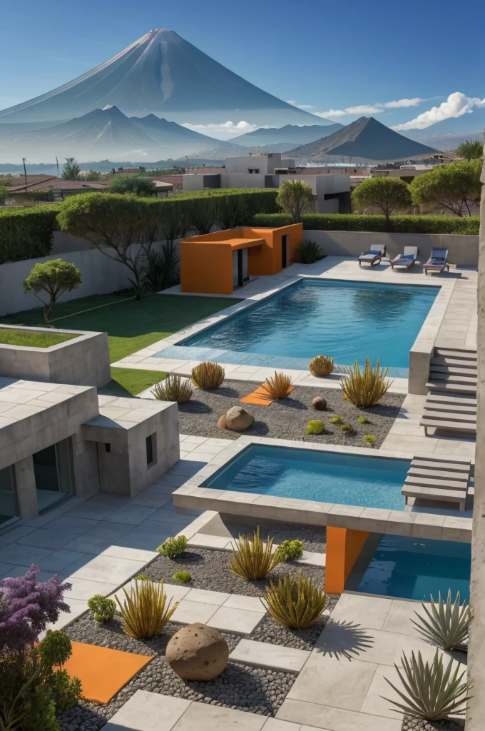 Multiple houses, brutalism style, Luis Barragán, Mountains in background, river, pool, terraces, stairs, garden terraces, trees, beautiful clouds, moon, sun, detailed, cacti, boulders, volcanic rocks, fuggy, Violet, orange, olive green, blue, magenta, amazing volcano in horizont, beautiful garden design