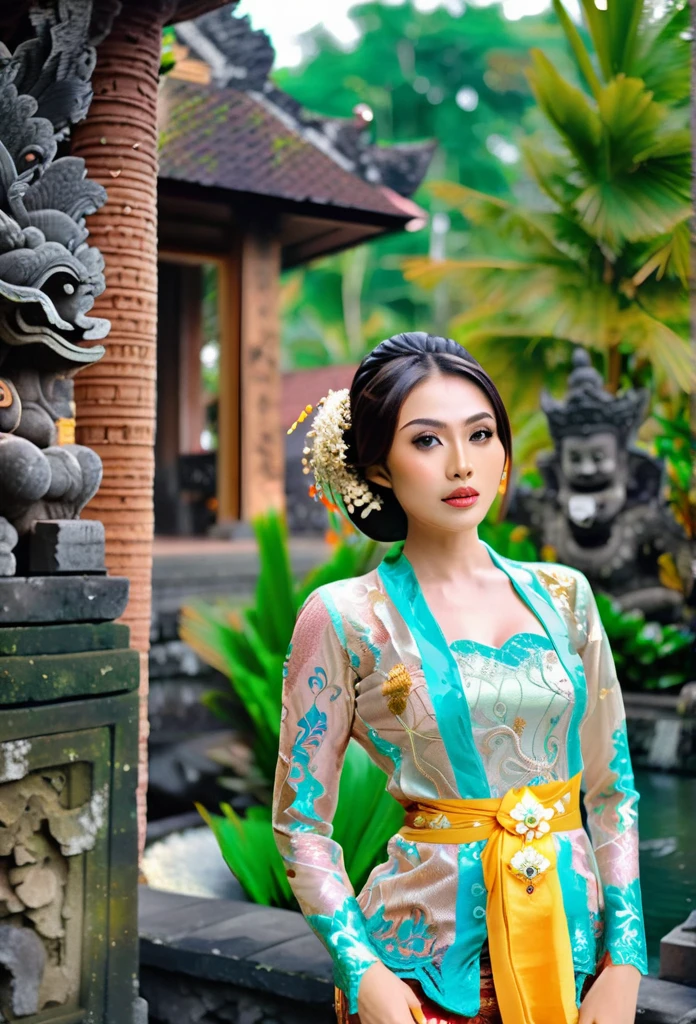 Illustrate a beautiful girl close up dressed in kebaya, set against the backdrop of a Balinese temple. Ensure that the image is photorealistic and of top-quality 8K HDR, capturing every intricate detail of the scene.,kebaya,kebaya indonesia,p3rfect ,cleavage