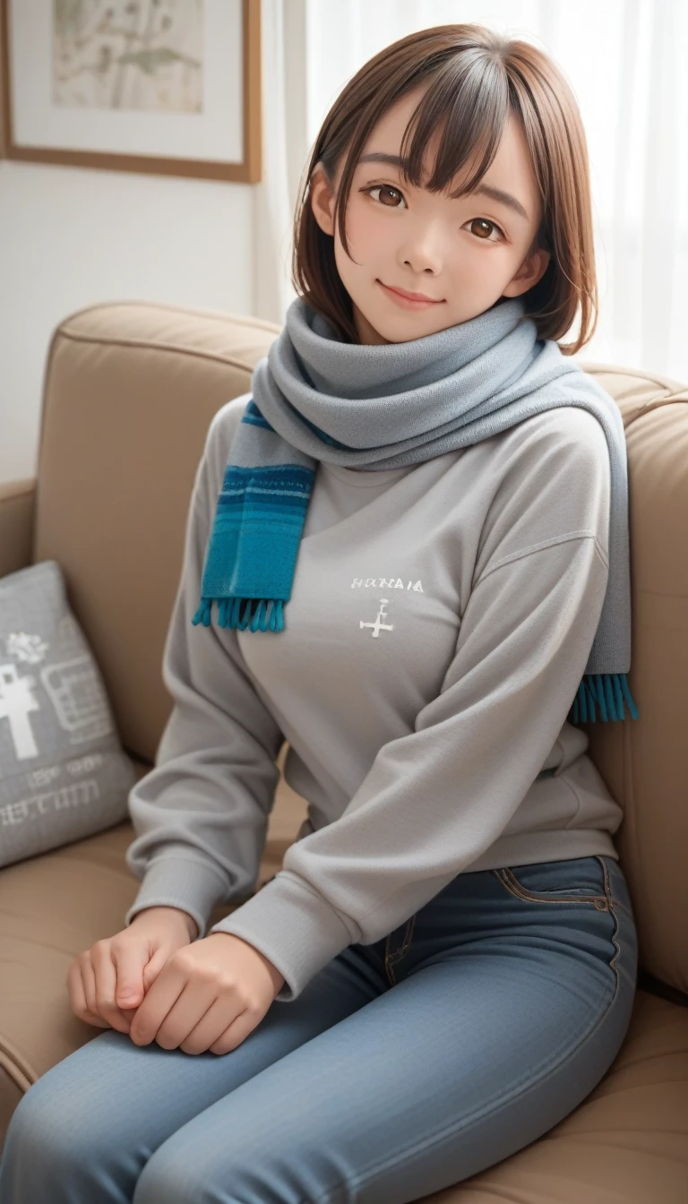 score_9_up, score_8_up, score_7_up, score_6_up,bell, Japanese cartoons, Brown hair, Medium breasts, Brown eyes, A faint smile, jeans, scarf, Grey sweatshirt, Blue pants, sit, Cross-legged, Inside the smart home, sit on the couch, Asada Shino&#39;s face, Japanese cartoons Sword Art Online, best quality