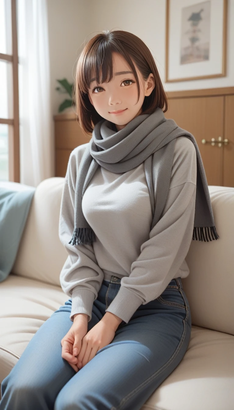score_9_up, score_8_up, score_7_up, score_6_up,bell, Japanese cartoons, Brown hair, Medium breasts, Brown eyes, A faint smile, jeans, scarf, Grey sweatshirt, Blue pants, sit, Cross-legged, Inside the smart home, sit on the couch, Asada Shino&#39;s face, Japanese cartoons Sword Art Online, best quality