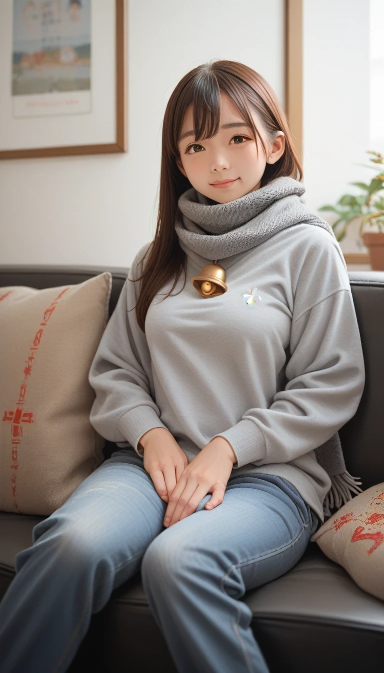 score_9_up, score_8_up, score_7_up, score_6_up,bell, Japanese cartoons, Brown hair, Medium breasts, Brown eyes, A faint smile, jeans, scarf, Grey sweatshirt, Blue pants, sit, Cross-legged, Inside the smart home, sit on the couch, Asada Shino's face, Japanese cartoons Sword Art Online, best quality