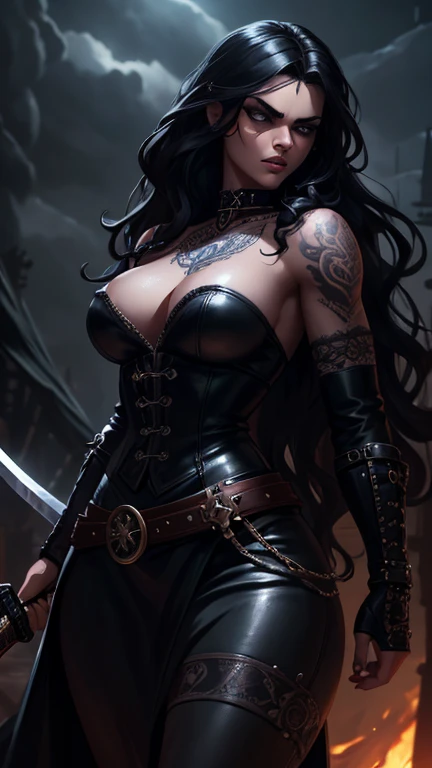 a pirate woman, furry, full height, NSFW, night, detailed face, detailed eyes, detailed lips, beautiful detailed face, beautiful detailed eyes, beautiful detailed lips, long eyelashes, intricate tattoos, leather outfit, wavy long hair, holding a sword, dramatic lighting, dark moody atmosphere, cinematic composition, hyper detailed, 8k, photorealistic, masterpiece