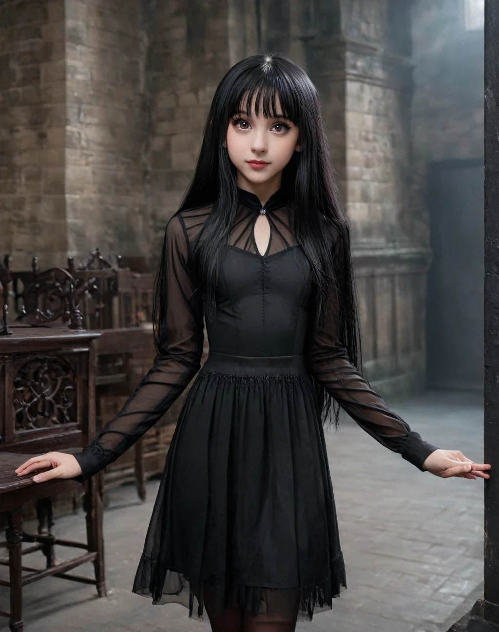 masterpiece, best quality, ultra-detailed, 1girl, 11 years old,daughter of severus snape, , monster, princess, black hair, very long hair, straight hair, blunt bangs, black eyes, see through dress, black clothes, bad smile, parted lips, cute pose, palm touching face, upper body, lots of monsters, dark atmosphere, sfw