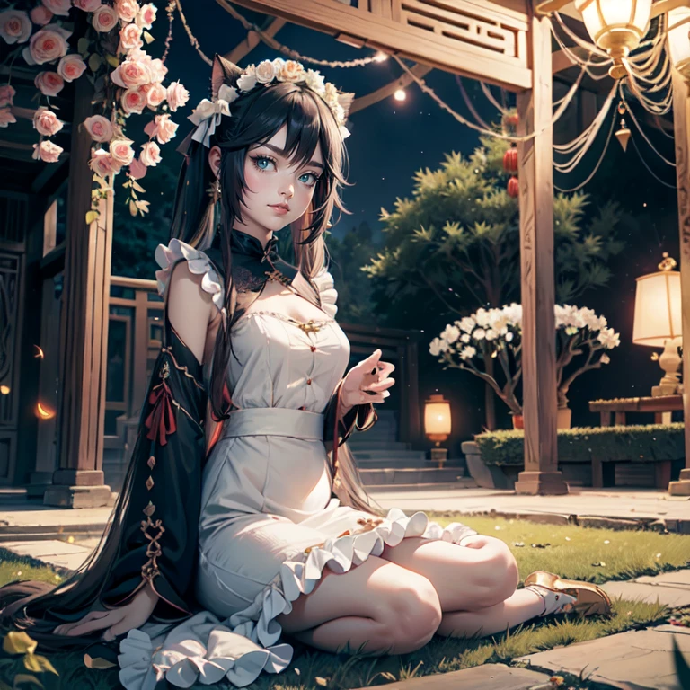 1girl, white roses, long hair, cat ears, roses on her hair, open jacket, short shirt, cropped, short skirt, black hair, long hair, seat on the grass, garden scene, maid clothes, gold lantern, red dress, more details on her clothes, golden details, night, smiling, chinese style, solo, alone, crystal, curtains, full moon on the sky, laces, frills, sparkles, fireflies, seat on the grass, chinese architecture on the background, white roses on the floor, oriental garden scenery, solo, 1 girl