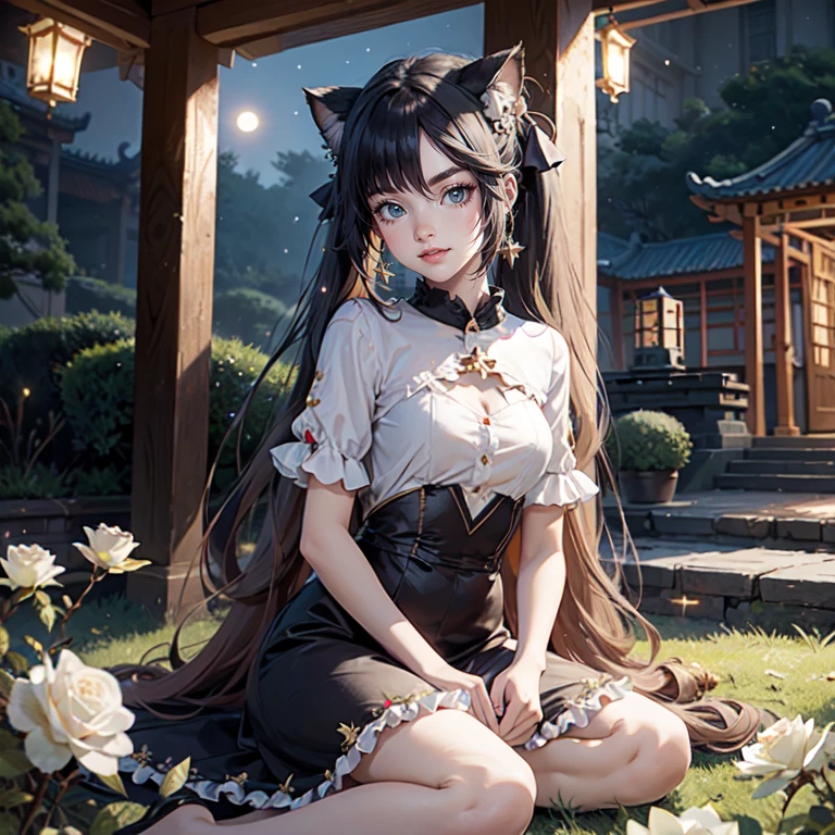 1girl, white roses, long hair, cat ears, roses on her hair, open jacket, short shirt, cropped, short skirt, black hair, long hair, seat on the grass, garden scene, maid clothes, gold lantern, red dress, more details on her clothes, golden details, night, smiling, chinese style, solo, alone, crystal, curtains, full moon on the sky, laces, frills, sparkles, fireflies, seat on the grass, chinese architecture on the background, white roses on the floor, oriental garden scenery, solo, 1 girl