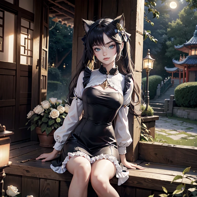 1girl, white roses, long hair, cat ears, roses on her hair, open jacket, short shirt, cropped, short skirt, black hair, long hair, seat on the grass, garden scene, maid clothes, gold lantern, red dress, more details on her clothes, golden details, night, smiling, chinese style, solo, alone, crystal, curtains, full moon on the sky, laces, frills, sparkles, fireflies, seat on the grass, chinese architecture on the background, white roses on the floor, oriental garden scenery, solo, 1 girl