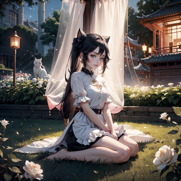 1girl, white roses, long hair, cat ears, roses on her hair, open jacket, short shirt, cropped, short skirt, black hair, long hair, seat on the grass, garden scene, maid clothes, gold lantern, red dress, more details on her clothes, golden details, night, smiling, chinese style, solo, alone, crystal, curtains, full moon on the sky, laces, frills, sparkles, fireflies, seat on the grass, chinese architecture on the background, white roses on the floor, oriental garden scenery, solo, 1 girl