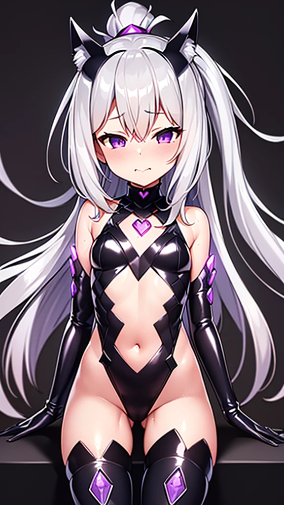 (Highest quality), (High resolution), (masterpiece), (Very detailed), One Girl, Cowboy Shot, One Girl,silver wolf\(Collapse Star Rail\), Grey Eyes, Grey Hair, Long Hair, Vertical roll ponytail, One Girl, Medium chest , Silky skin, Glowing Skin,(Black rubber suit, High leg, No sleeve, Thigh-high socks, Detachable sleeves), Front view, (Bright saturation), Love juice drips from between her legs, brainwashing, wire,clavicle, Eyes glowing purple,Absurd, brainwashinging,Hollow Eyes, Fallen into evil,Sexual,Raped by a machine, Spread your legs