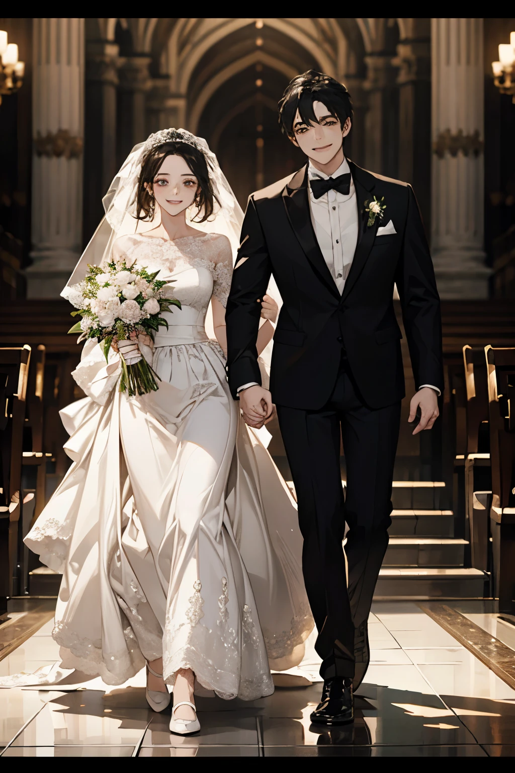 Wedding scene,The bride in a white wedding dress is walking towards me with a bouquet of flowers,Smiling slightly,Perfect face,Black Hair,Perfect face,Full body portrait