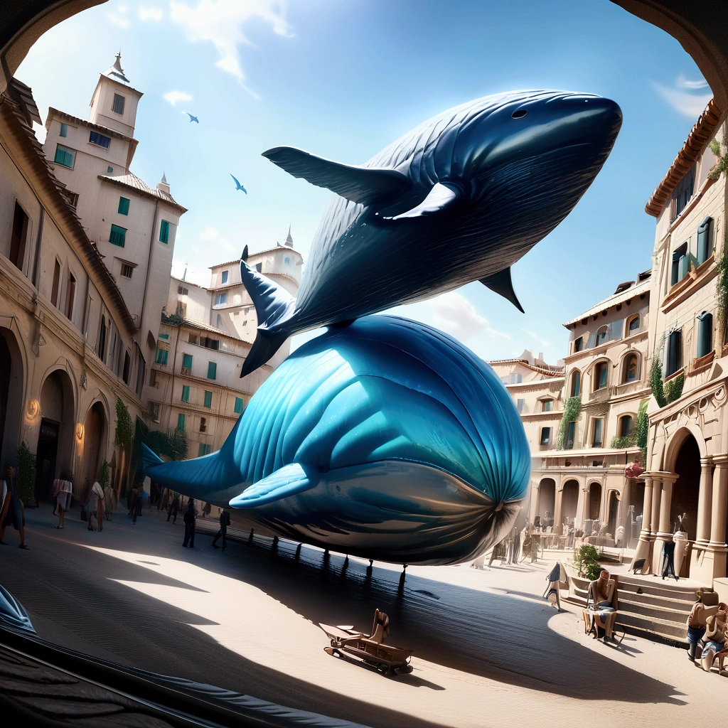 Flying Whale, mechanical whale, (glowing Whale:1.4), from side, blue sky, cinematic angle, realistic, hyper-realistic, photorealistic, (best quality,4k,8k,highres,masterpiece:1.2),ultra-detailed,(realistic,photorealistic,photo-realistic:1.37),vivid colors,dramatic lighting,