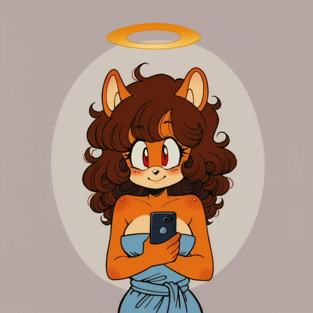 score_9, score_8_up, mobian, hedgehog, two-tone fur ((orange fur, brown fur)), wrapped in towel, medium breasts, two-tone hair (brown hair, black tip)), curly hair, halo, red eyes, longeyelashes, red eyes, smile, shy, blush, holding phone