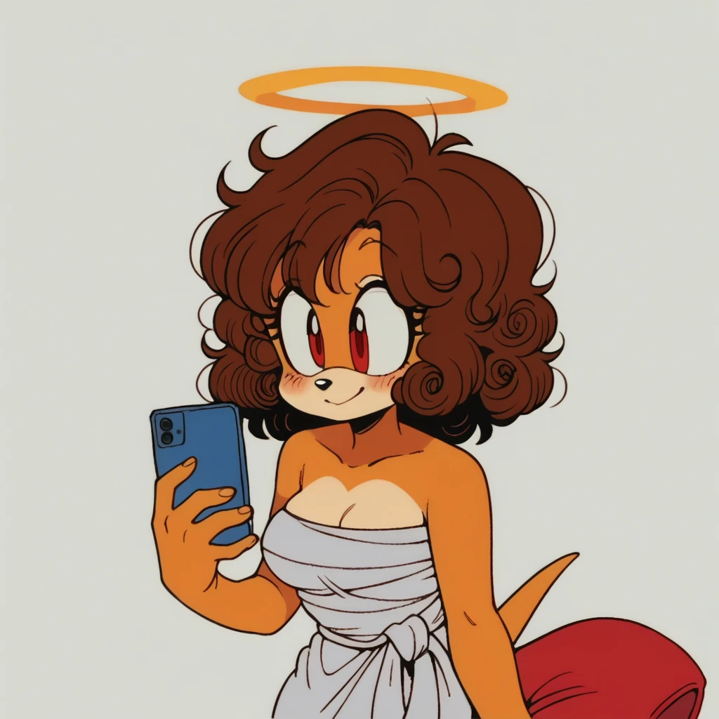 score_9, score_8_up, mobian, hedgehog, two-tone fur ((orange fur, brown fur)), wrapped in towel, medium breasts, two-tone hair (brown hair, black tip)), curly hair, halo, red eyes, longeyelashes, red eyes, smile, shy, blush, holding phone