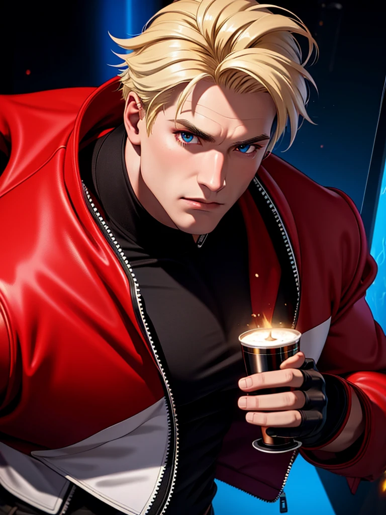 25-year-old man, alone, alone, athletic, muscular, blonde hair, red jacket, black t-shirt, black belt and black pants, black exercise gloves, annoyed look, expelling great blue power, cinematic, ultra-sharp focus, award winning photography, perfect contrast, high sharpness, depth of field, ultra detailed photography, global illumination, fluid, ultra high definition, 8k, Unreal Engine 5, ultra sharp focus, award winning photography, art station trends