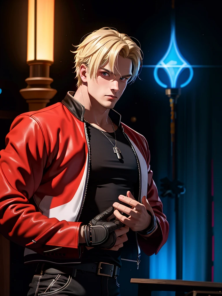 25-year-old man, alone, alone, athletic, muscular, blonde hair, red jacket, black t-shirt, black belt and black pants, black exercise gloves, annoyed look, expelling great blue power, cinematic, ultra-sharp focus, award winning photography, perfect contrast, high sharpness, depth of field, ultra detailed photography, global illumination, fluid, ultra high definition, 8k, Unreal Engine 5, ultra sharp focus, award winning photography, art station trends