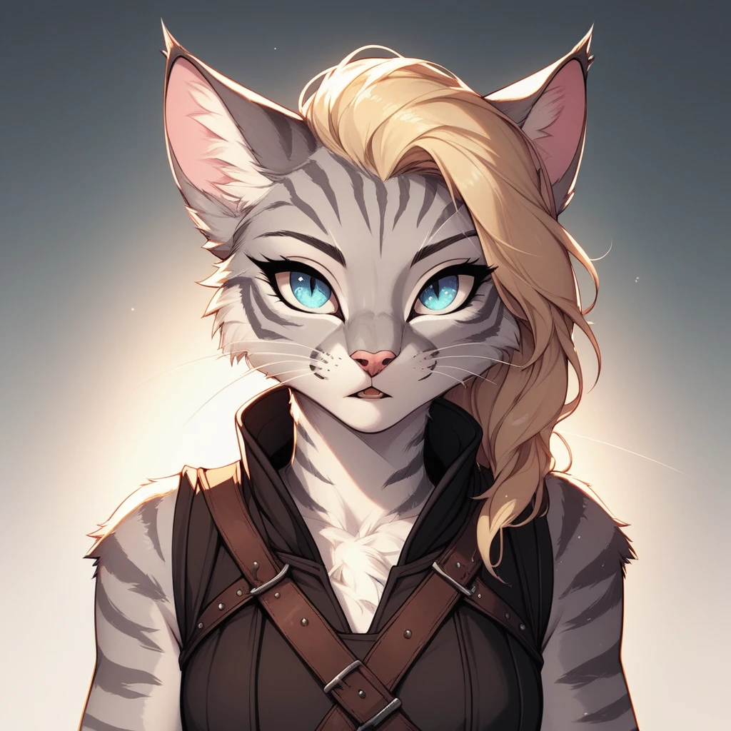 score_9,score_8_up,score_7_up, score_6_up, score_5_up, source_anime, flat colors, Kat, Anthro furry feline, silver fur, grey stripes on body, blue eyes, long blonde hair, undercut hair, pink nose, :3, wearing black medieval vest, portrait close up, upper body shot, mouth open, talking, eyes half open, jitome, expressionless, looking at viewer, cowboy shot, upper body shot,