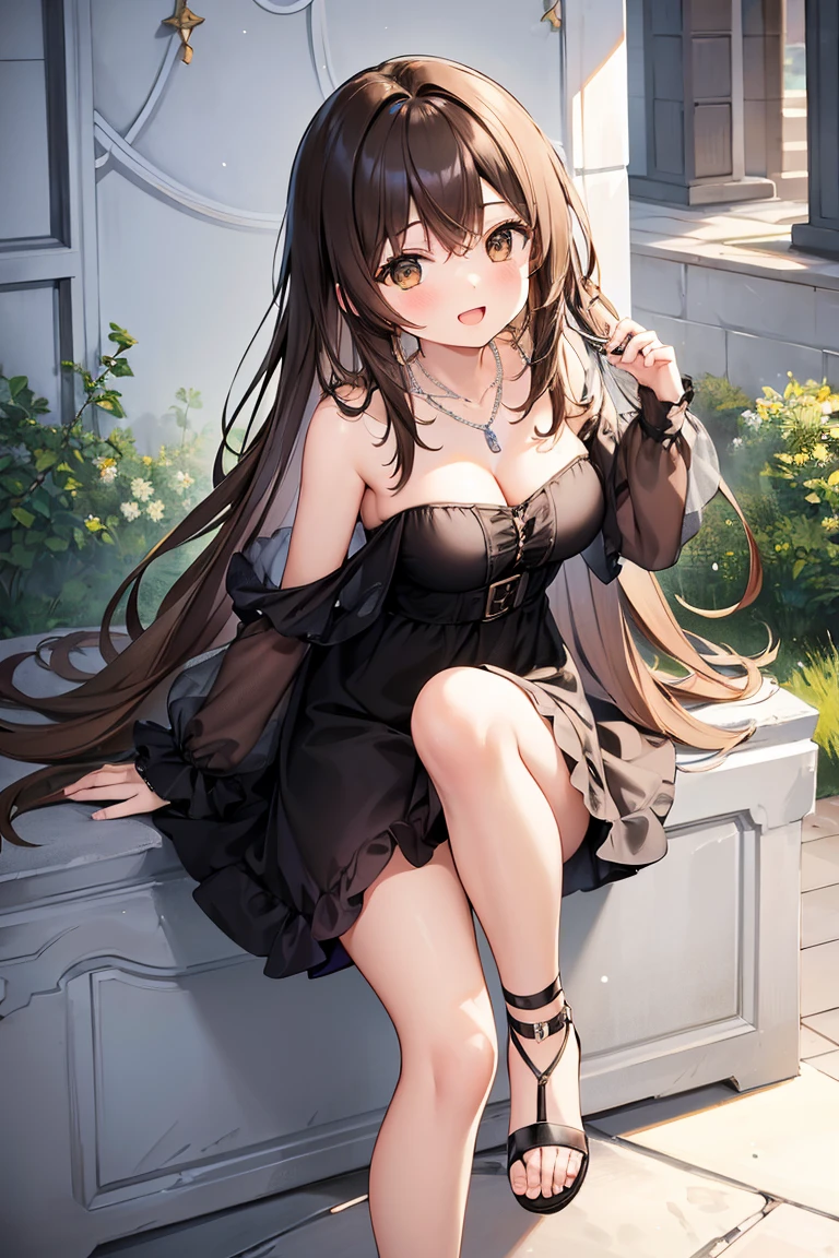 Very detailed, high quality, Masterpiece, 1 female, happy expression, Brown hair, loose messy, JK, black strapless dress, high heel, light makeup, (silver necklace: 1.2) BROWN SKIN.