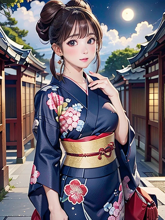 (Highest quality、 8k wallpaper、masterpiece、High resolution)、Vibrant colors、Ample breasts、Brown and black Japanese round topknot、Brown-black bob、Beautiful girl in yukata、Vivid floral pattern、whole body、(Highly detailed face and eyes、Beautiful Face、Beautiful Eyes、Beautiful nose、Pretty lips)、A friendly gaze、above the knee shot、Highly detailed background、Japanese garden、moonlight、Full moon and starry sky、Official Art、